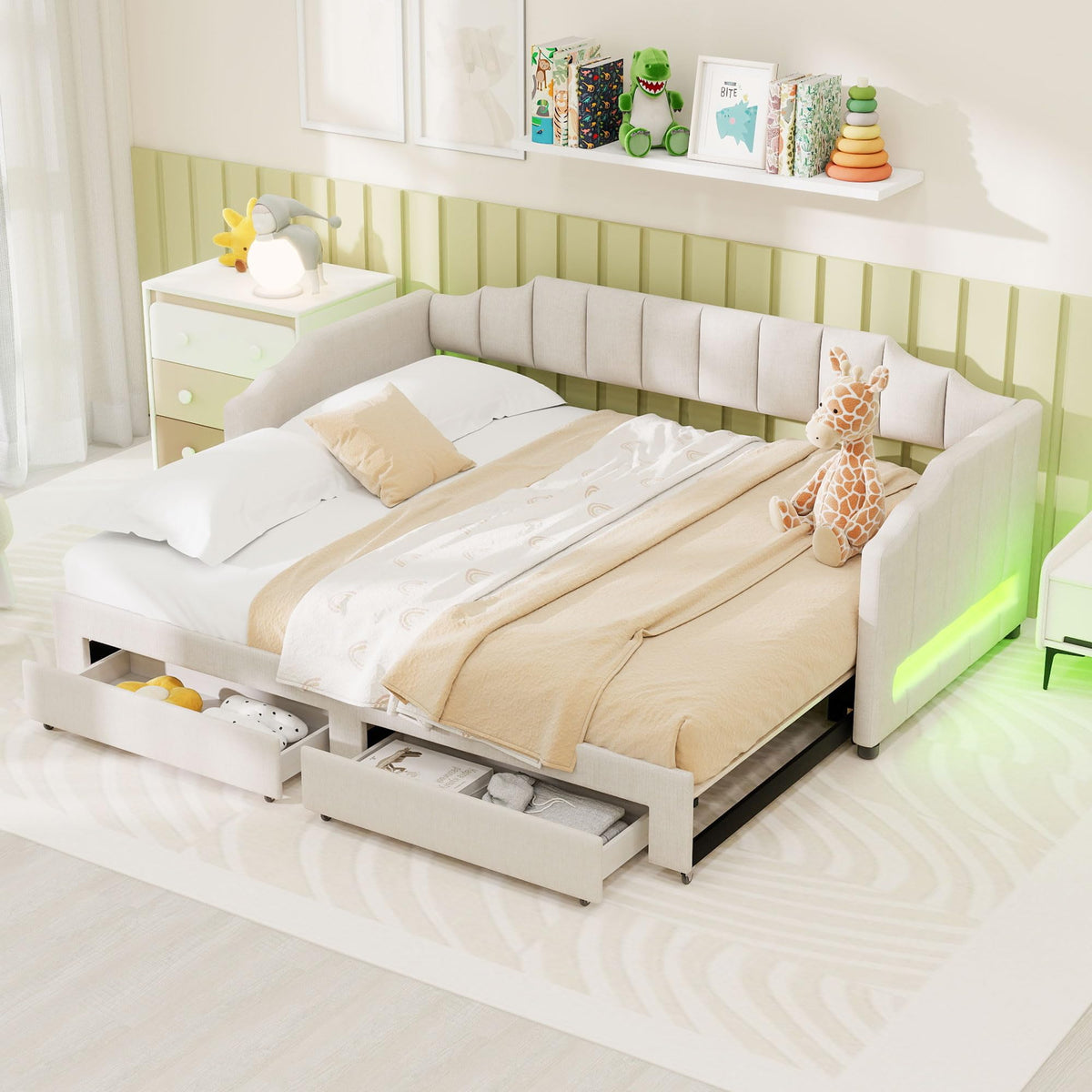 Twin XL to King Size Upholstered Daybed with Trundle and 2 Storage Drawers Y721340