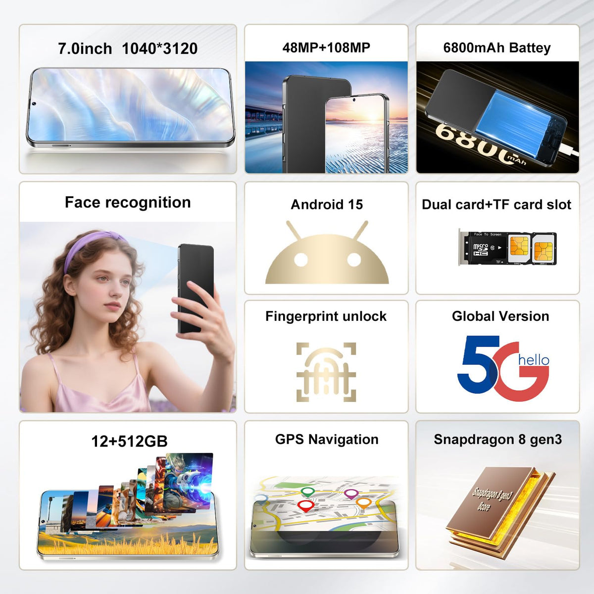 Unlocked 5G Smartphone Android 15 12GB+512GB 7" HD Screen 6800mAh Dual SIM Black X576