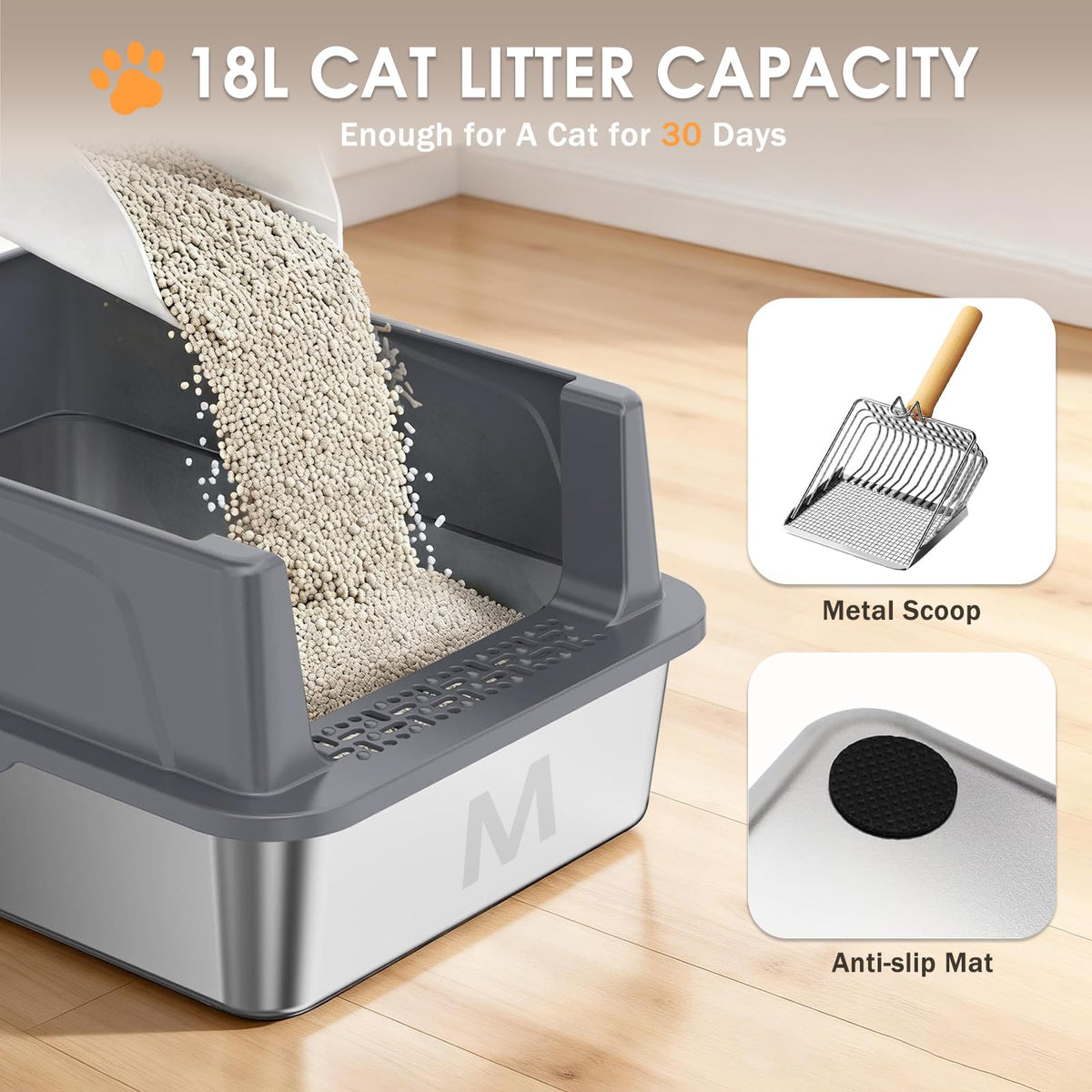 Stainless Steel High Sided Litter Box with Scoop O724479