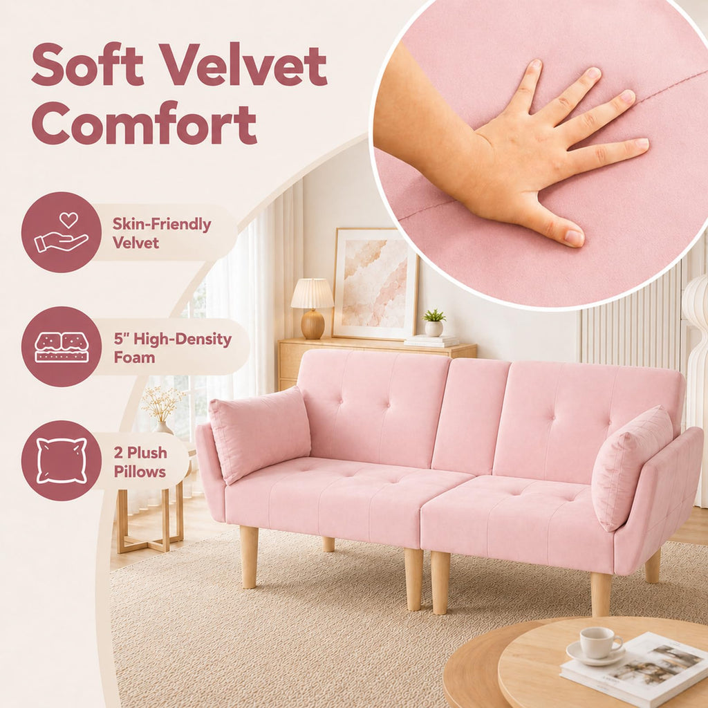 Light Pink Velvet Futon Sofa Bed K3267