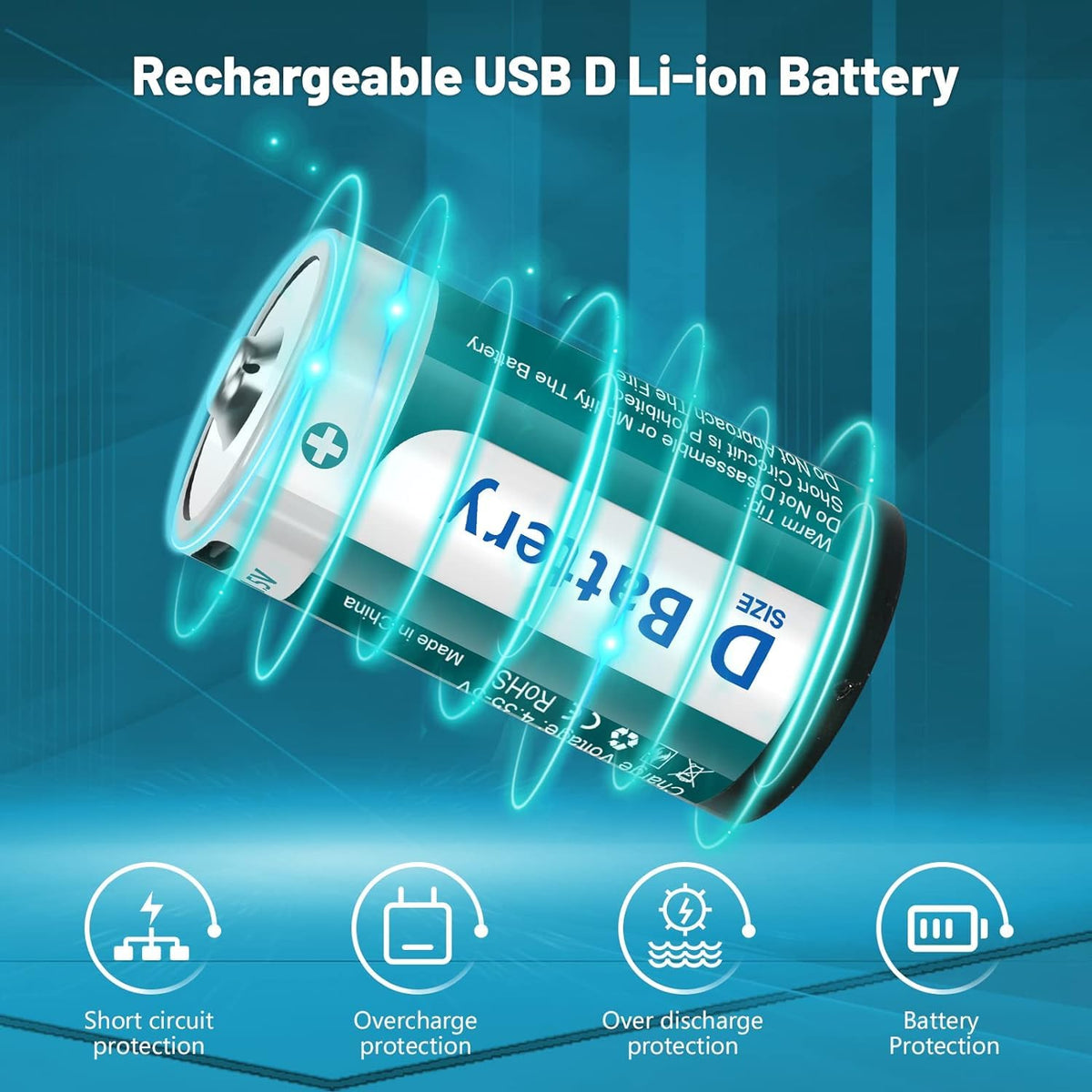 D Size Rechargeable Lithium Batteries with USB-C Charging Cable F8728