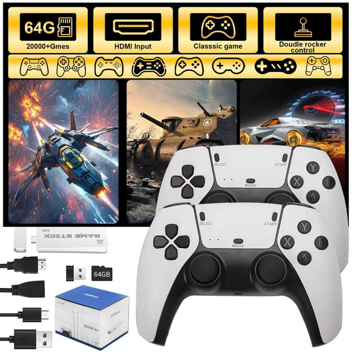 4K HDMI Retro Gaming Console with 64GB TF Card and 2.4G Wireless Controllers H49207