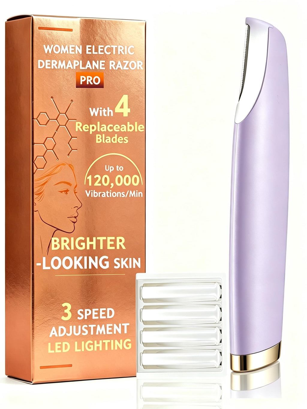 Sonic Facial Hair Remover with LED Light, 4 Replacement Blades D9486
