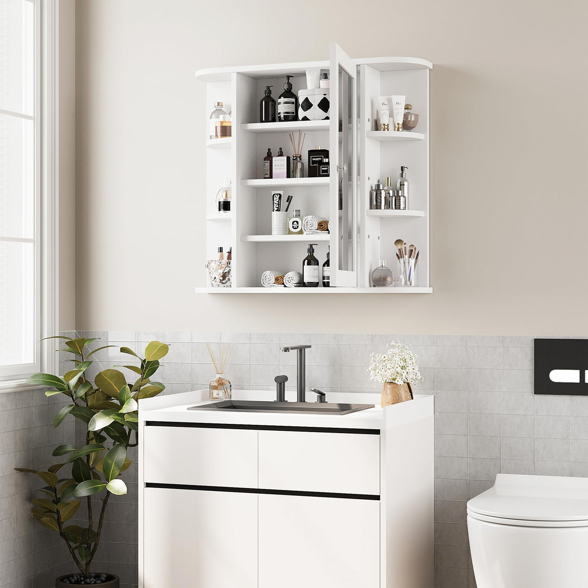 White Wall Mounted Medicine Cabinet with Mirror V79885