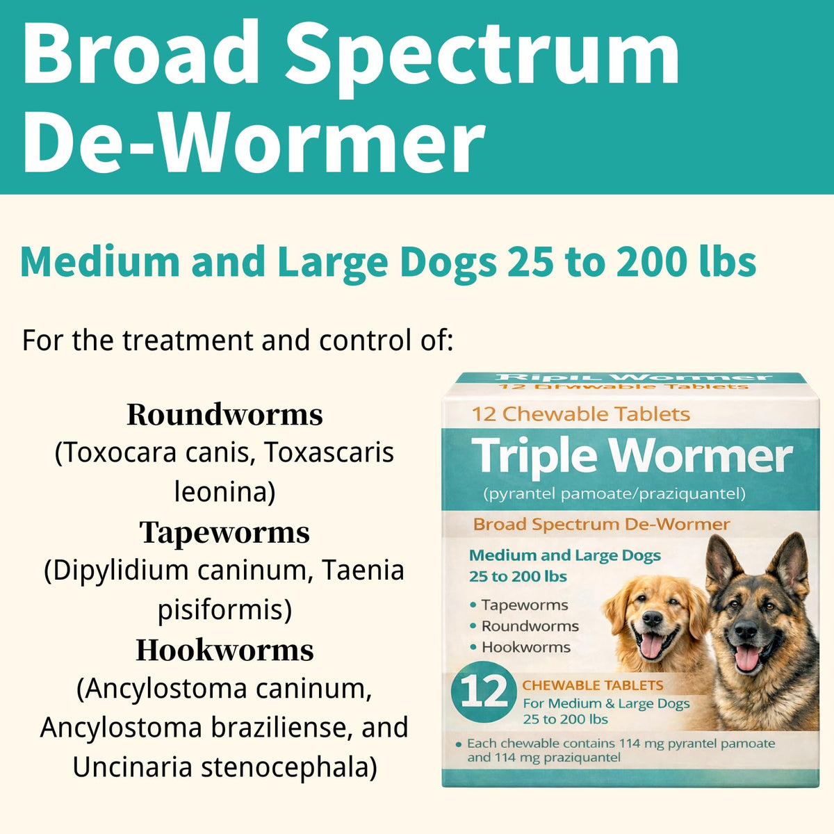 Pyrantel Pamoate and Praziquantel De-wormer Tablet for Medium & Large Dogs E40678