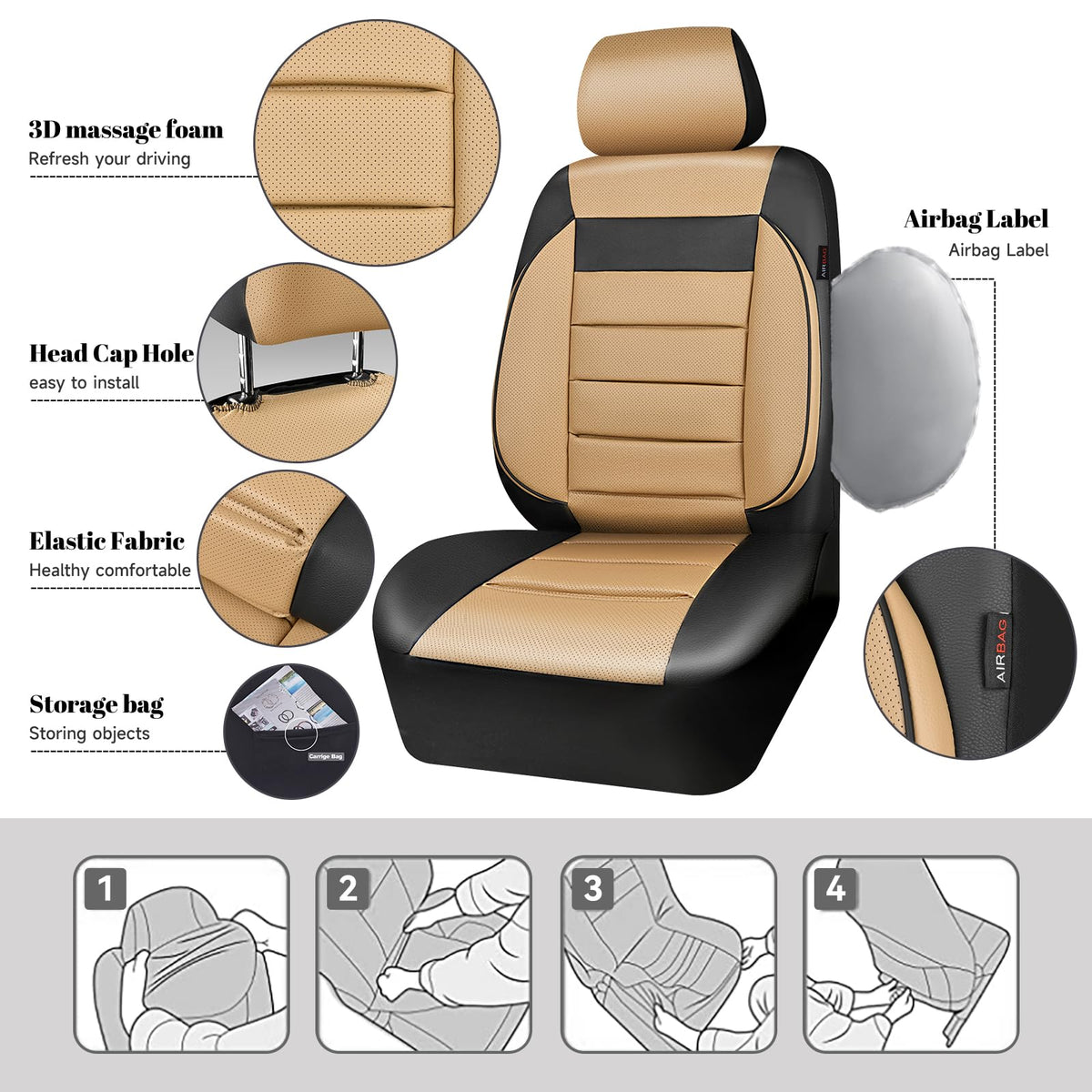 Leather Seat Covers Full Set Universal Water Resistant Beige Black I607508