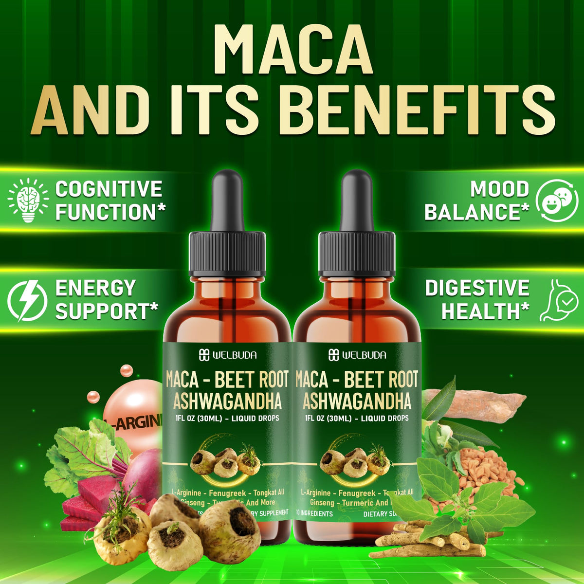 Maca Root Liquid Drops with Ashwagandha, Fenugreek, Beet Root and L-Arginine, 1 FL Oz F3205