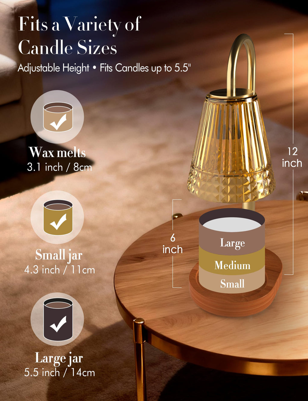 Candle Warmer Lamp with Timer Dimmer, Height Adjustable Wax Melt Warmer with 2 Bulbs, Gold Q2264