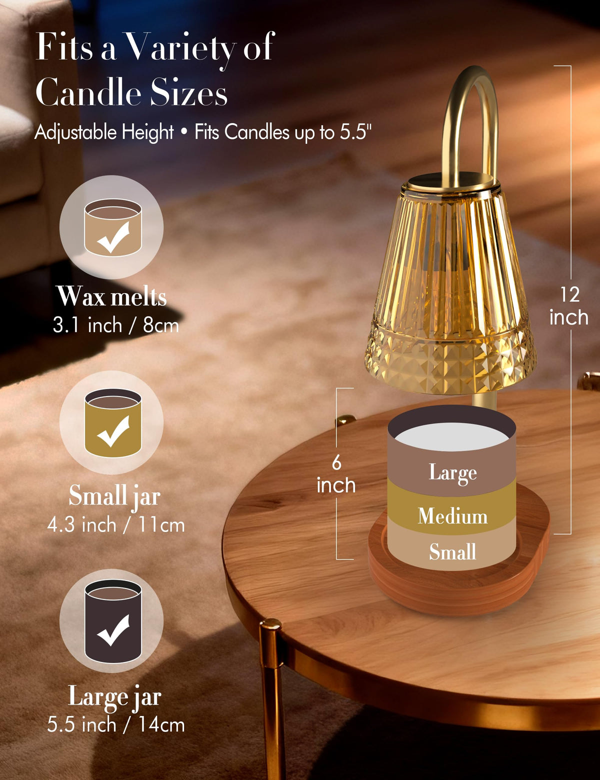 Candle Warmer Lamp with Timer Dimmer, Height Adjustable Wax Melt Warmer with 2 Bulbs, Gold Q2264