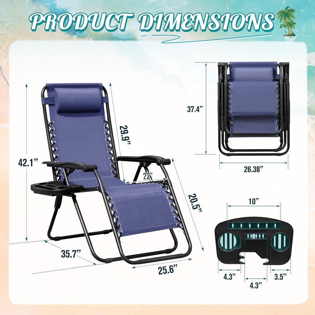 Zero Gravity Chair with Cup Holder Pillows Set of 2 Blue T2486