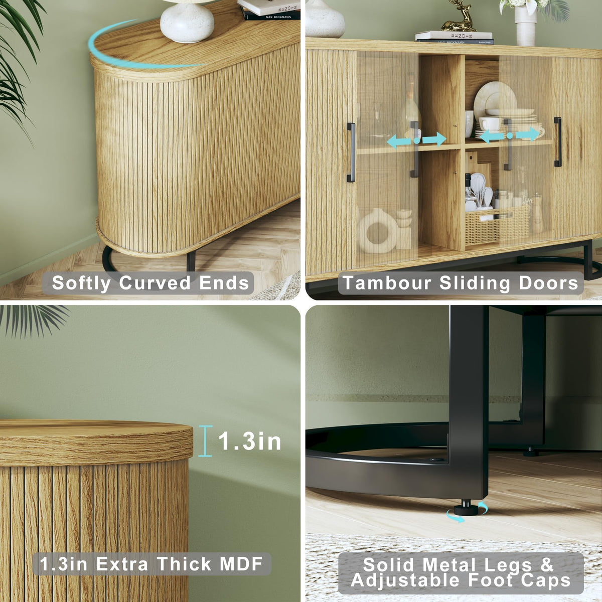 Sideboard Buffet Cabinet with Storage, Fluted Tambour, Adjustable Shelves G549