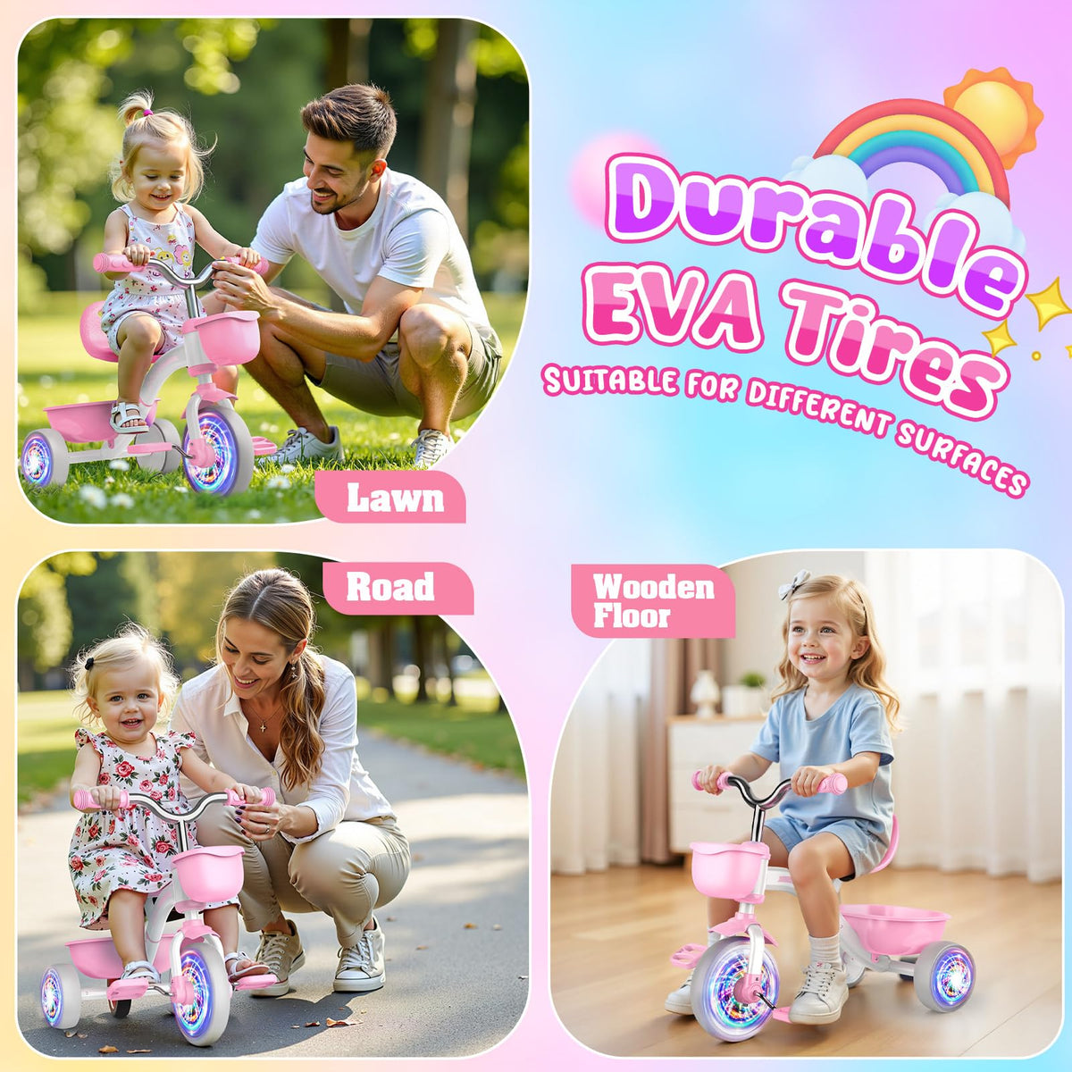 Pink Toddler Tricycle with Adjustable Seat and Light Wheels O5966