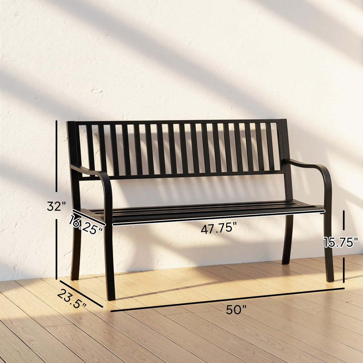 50" Outdoor Garden Bench with Slatted Seat Metal Black Y721630