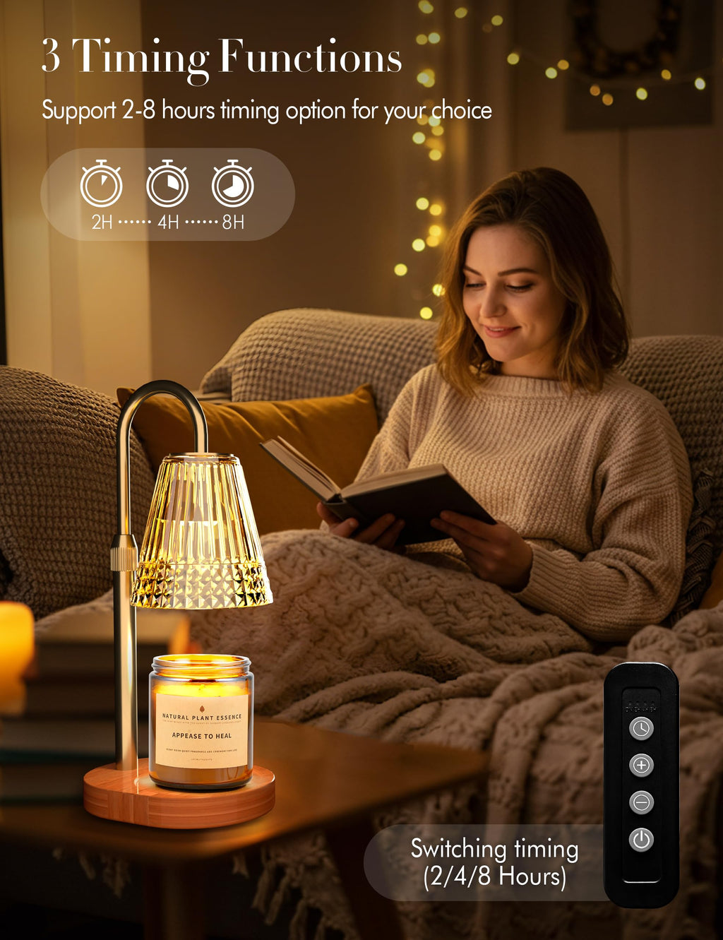 Candle Warmer Lamp with Timer Dimmer, Height Adjustable Wax Melt Warmer with 2 Bulbs, Gold Q2264