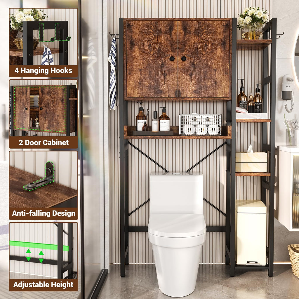 Over The Toilet Storage Cabinet with Doors, 7 Tier Bathroom Organizer with Adjustable Shelf K62426