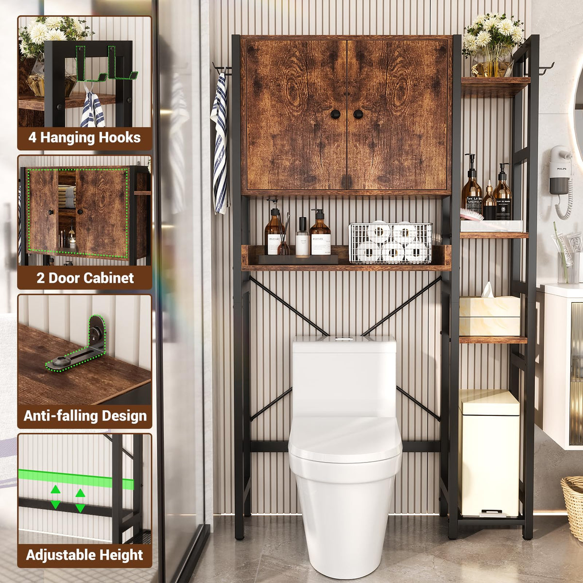 Over The Toilet Storage Cabinet with Doors, 7 Tier Bathroom Organizer with Adjustable Shelf K62426