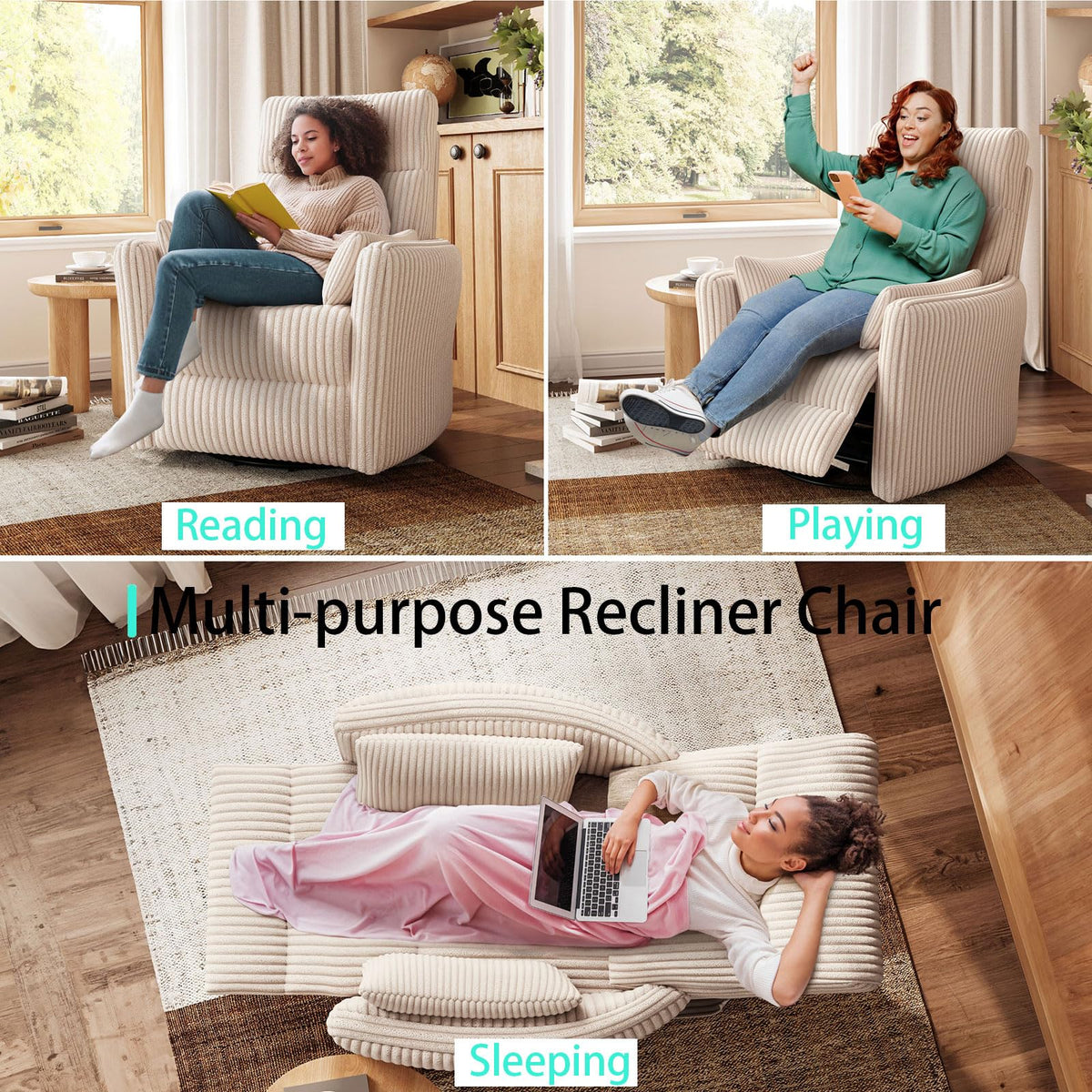 360 Swivel Recliner Chair with 2 Pillows Beige Corduroy N5405