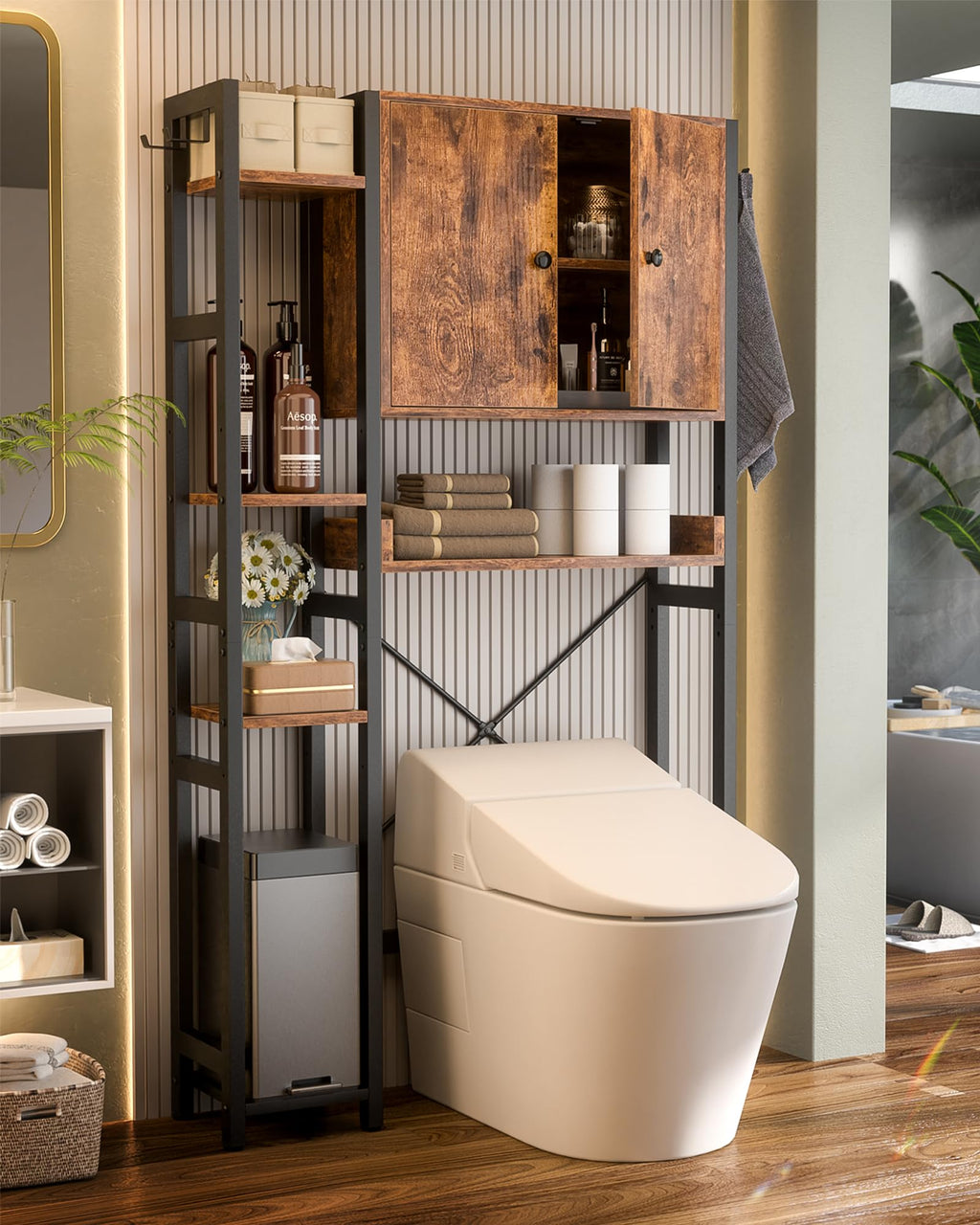Over The Toilet Storage Cabinet with Doors, 7 Tier Bathroom Organizer with Adjustable Shelf K62426