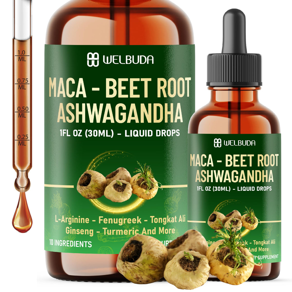 Maca Root Liquid Drops with Ashwagandha, Fenugreek, Beet Root and L-Arginine, 1 FL Oz F3205