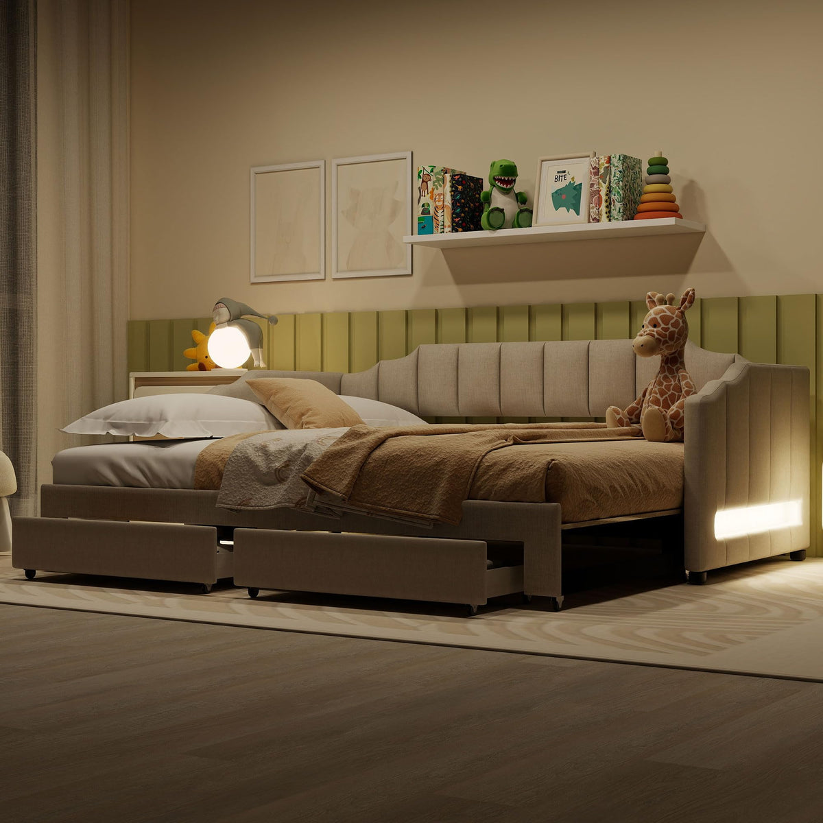 Twin XL to King Size Upholstered Daybed with Trundle and 2 Storage Drawers Y721340