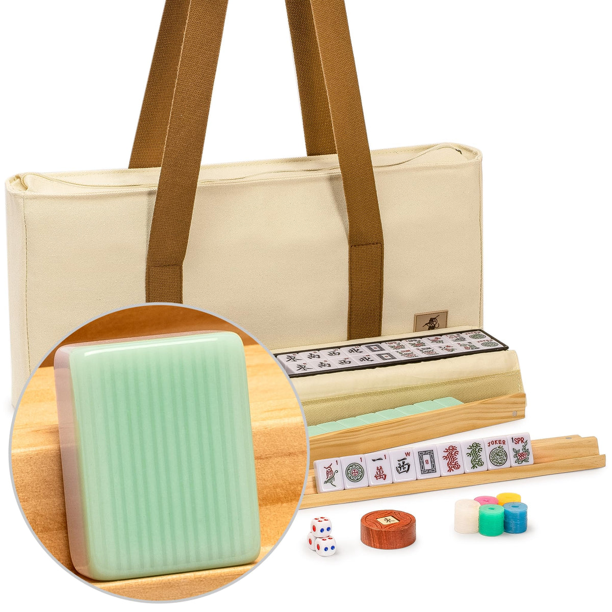 166 Tiles Mahjong Set with Wooden Racks & Pushers, Dice, and Soft Beige Case N97904
