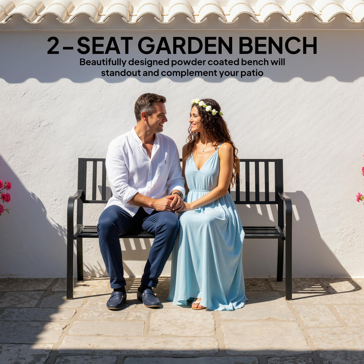 50" Outdoor Garden Bench with Slatted Seat Metal Black Y721630