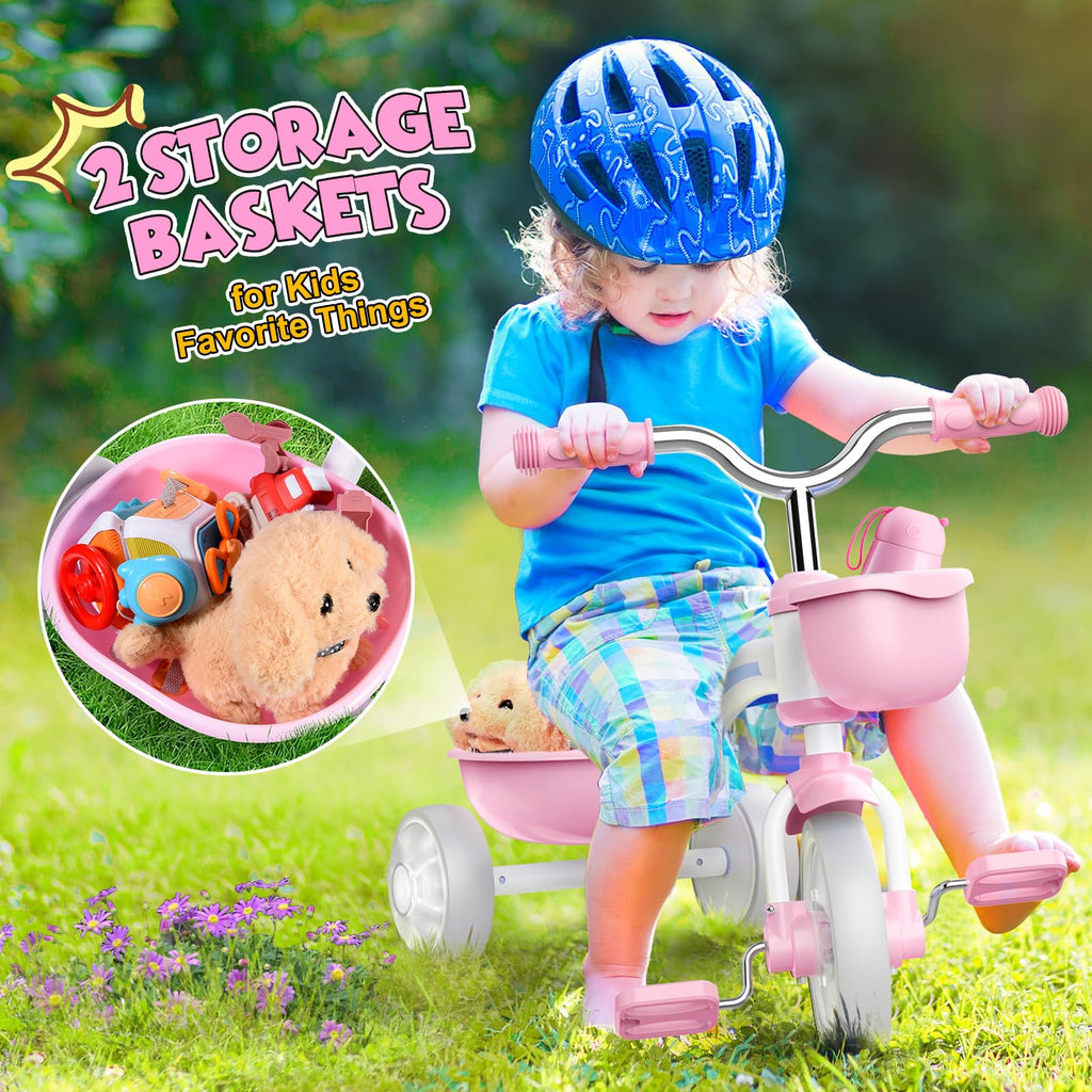 Pink Toddler Tricycle with Adjustable Seat and Light Wheels O5966