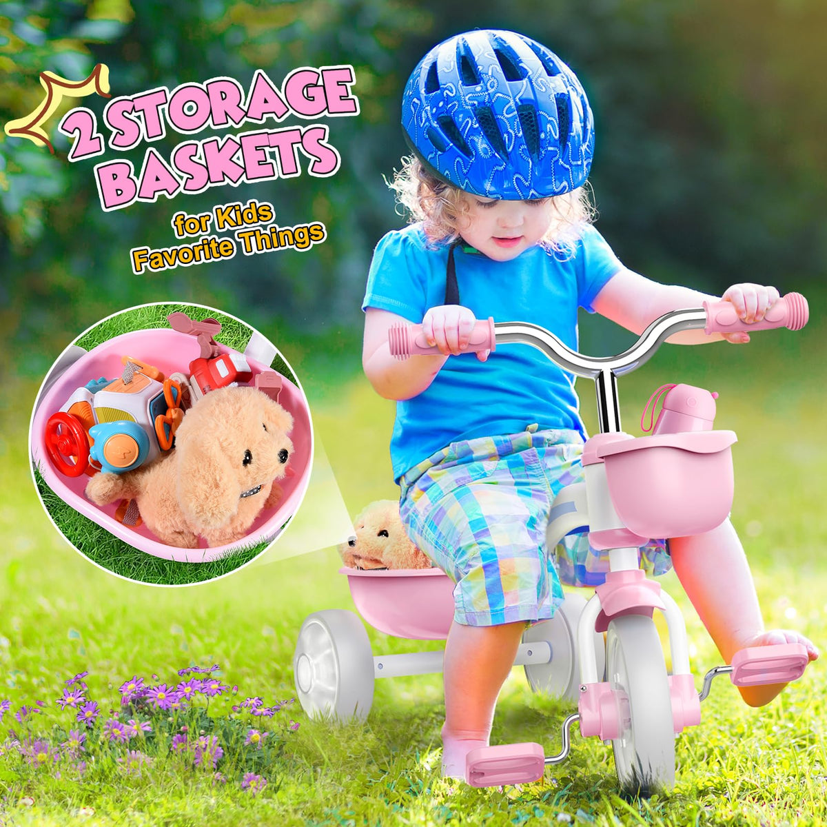 Pink Toddler Tricycle with Adjustable Seat and Light Wheels O5966