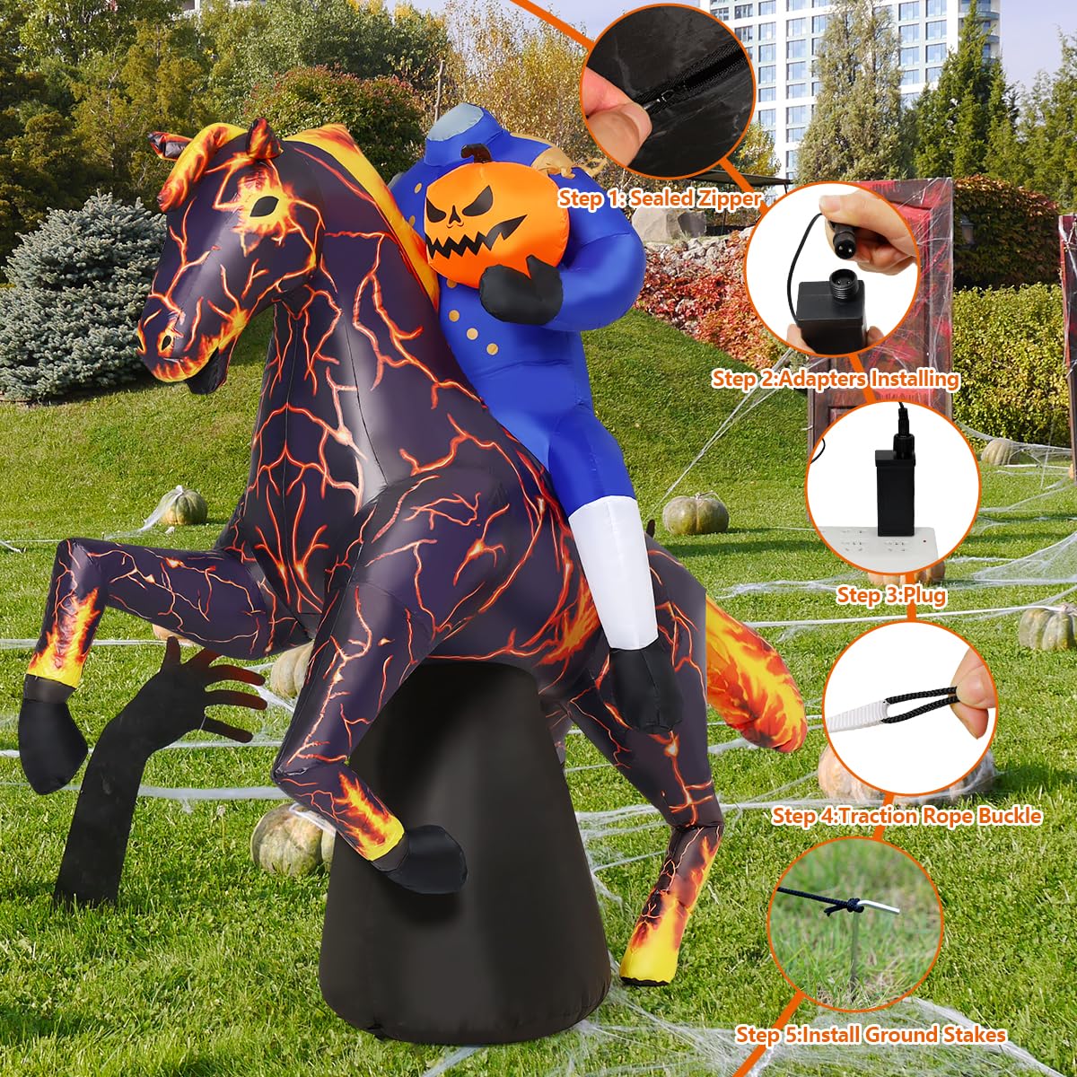 6FT Halloween Inflatables Headless Horseman with Built-in LEDs K4554