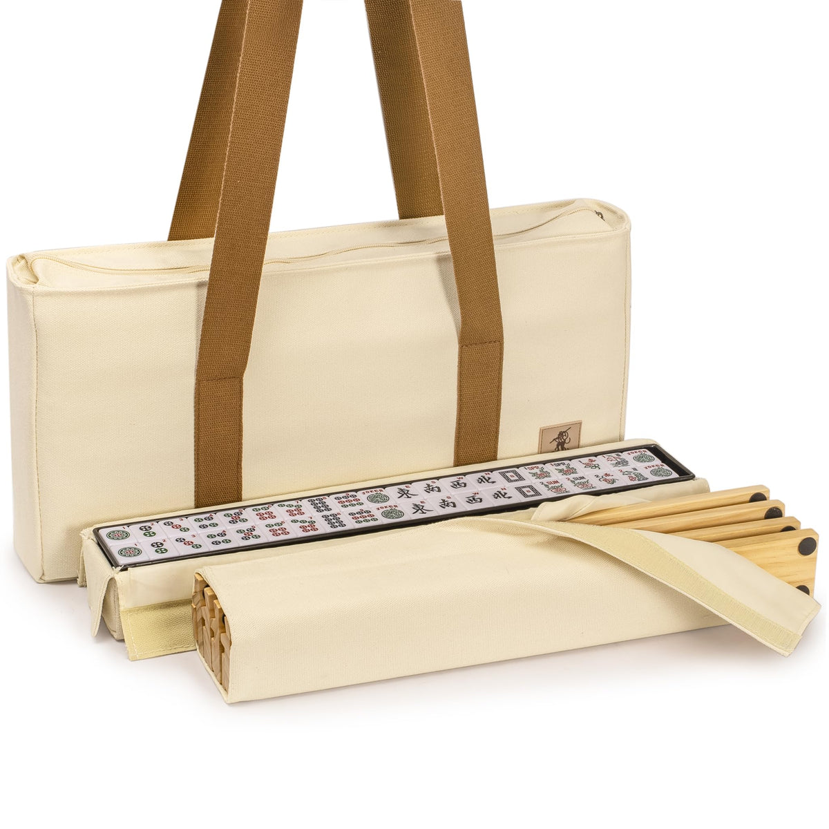 166 Tiles Mahjong Set with Wooden Racks & Pushers, Dice, and Soft Beige Case N97904