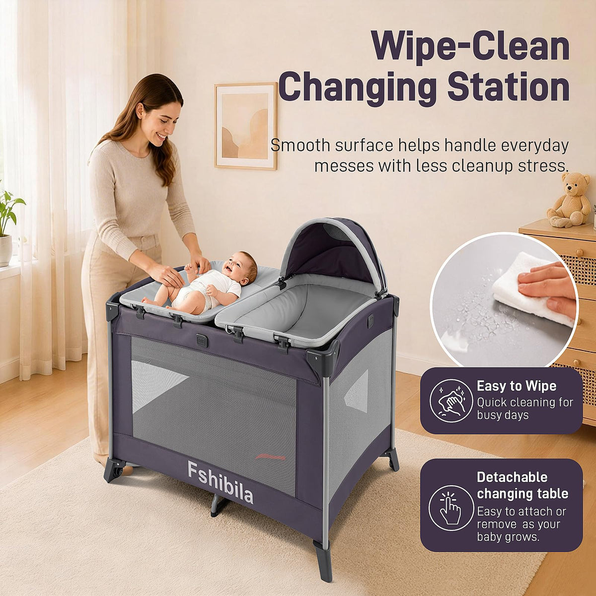 4-in-1 Portable Baby Playard with Bassinet and Changing Table, Black O535