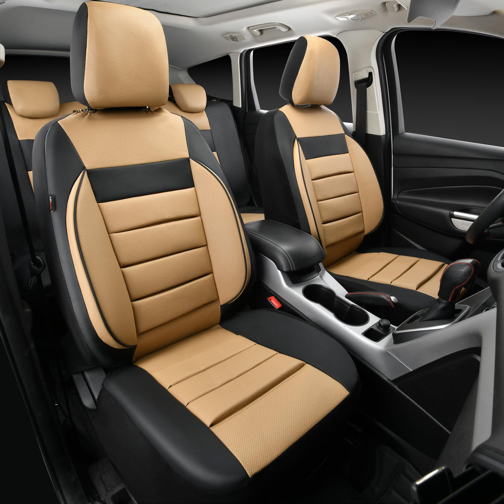 Leather Seat Covers Full Set Universal Water Resistant Beige Black I607508