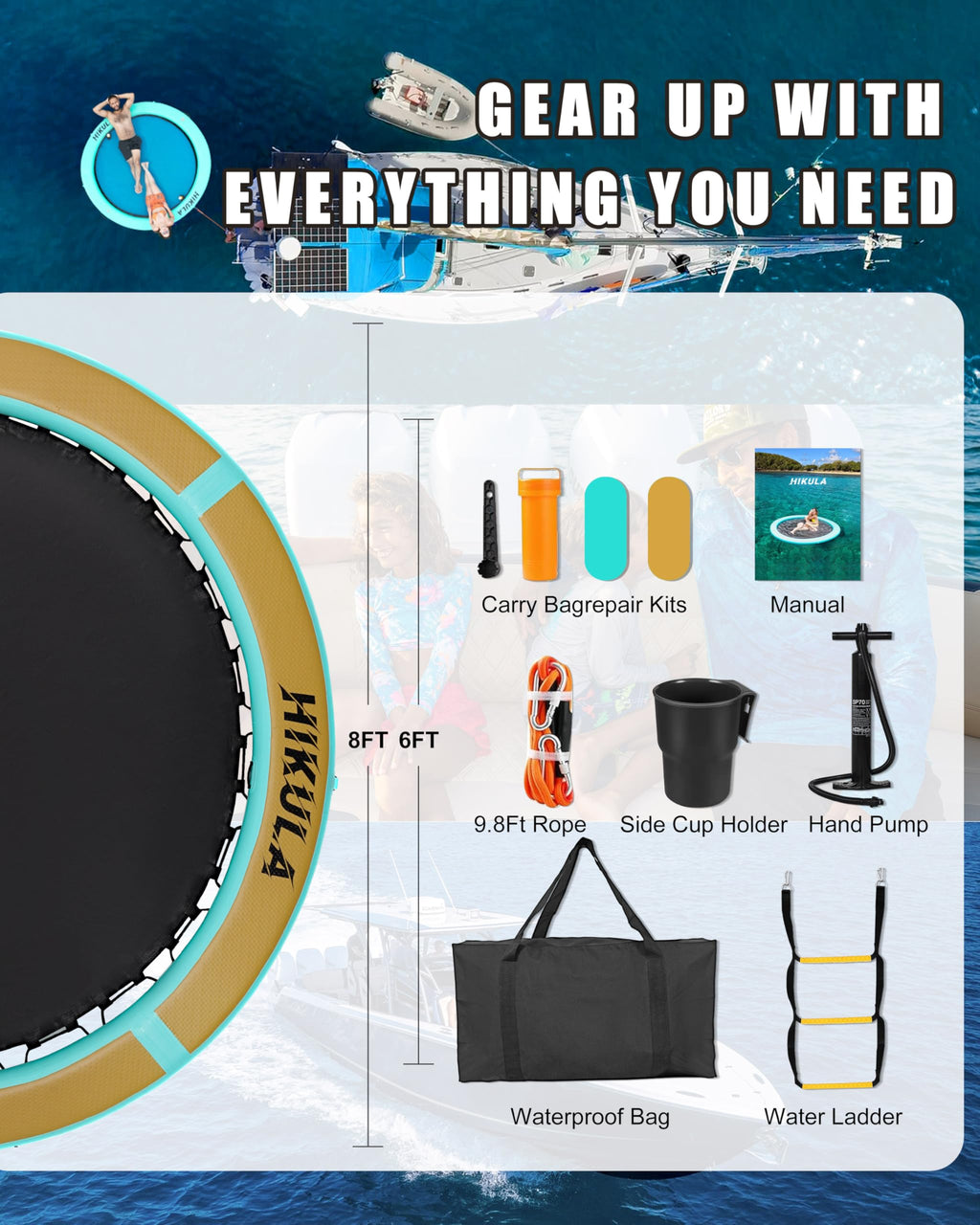 Inflatable Round Floating Ring Water Hammock Dock with Water Ladder and Cup Holder W631