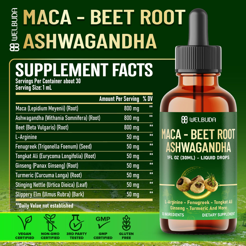 Maca Root Liquid Drops with Ashwagandha, Fenugreek, Beet Root and L-Arginine, 1 FL Oz F3205