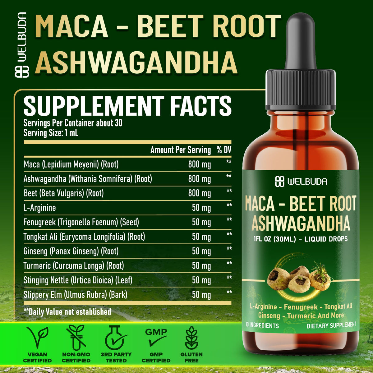 Maca Root Liquid Drops with Ashwagandha, Fenugreek, Beet Root and L-Arginine, 1 FL Oz F3205