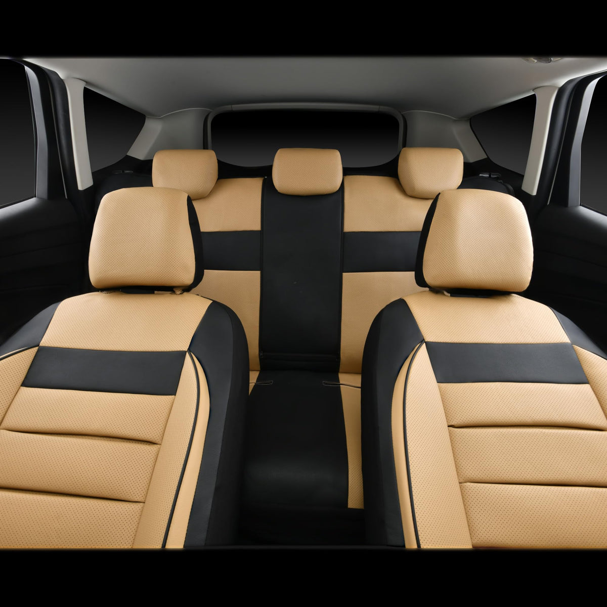 Leather Seat Covers Full Set Universal Water Resistant Beige Black I607508