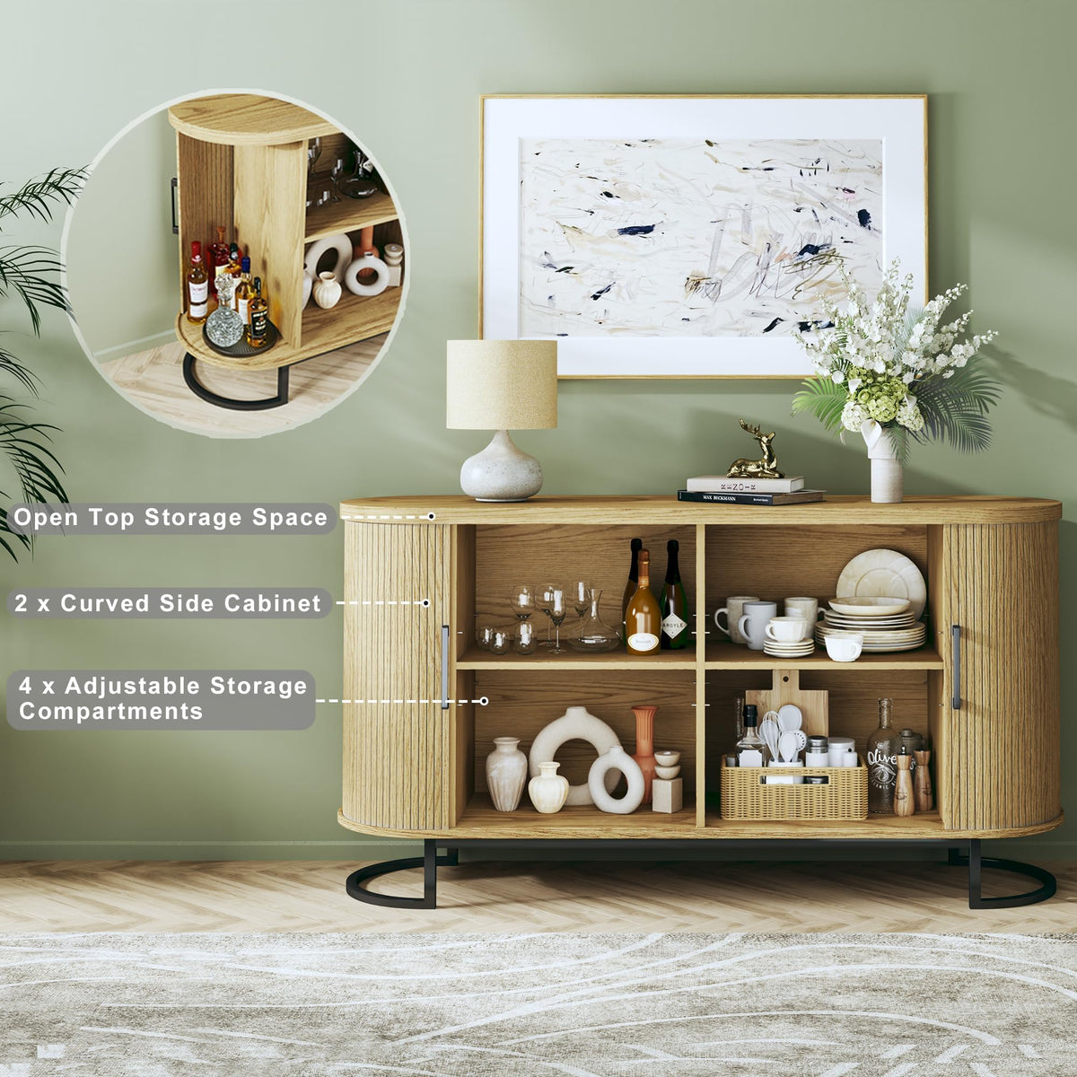 Sideboard Buffet Cabinet with Storage, Fluted Tambour, Adjustable Shelves G549