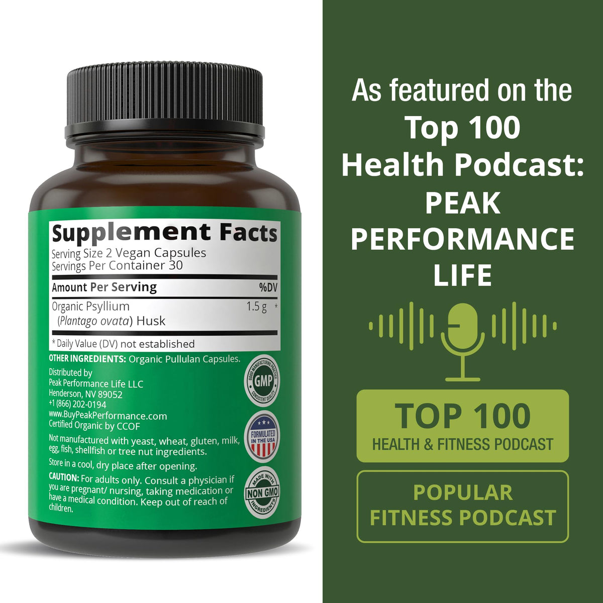 Organic Psyllium Husk Vegan Capsules Fiber Supplement I267