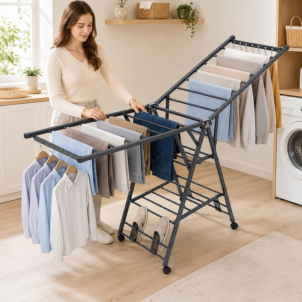 Foldable Metal Clothes Drying Rack with Wheels H826