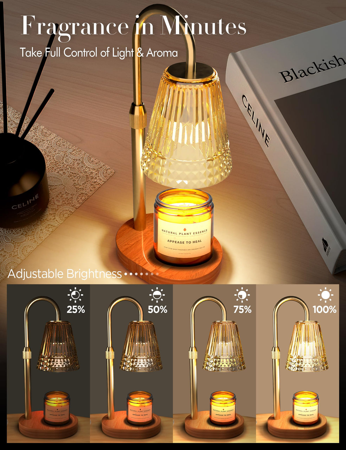 Candle Warmer Lamp with Timer Dimmer, Height Adjustable Wax Melt Warmer with 2 Bulbs, Gold Q2264