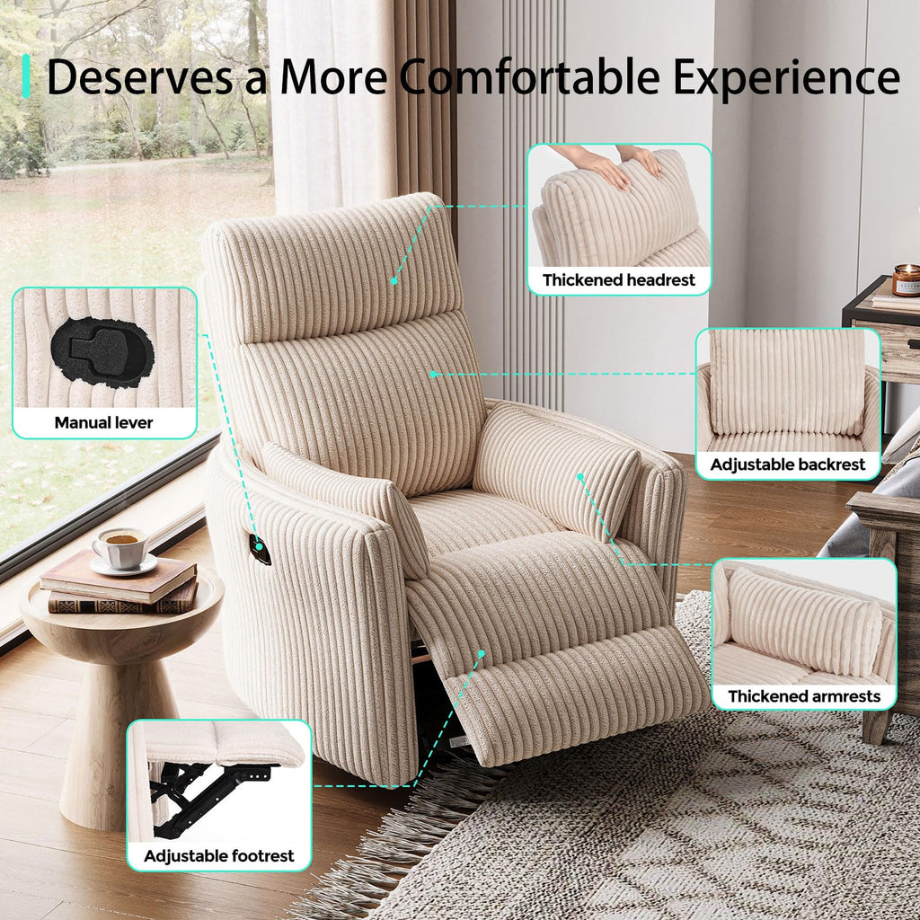 360 Swivel Recliner Chair with 2 Pillows Beige Corduroy N5405