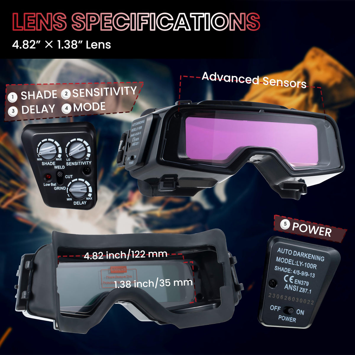 Auto Darkening Welding Goggles with Welder Mask and 10 Replacement Lenses J761