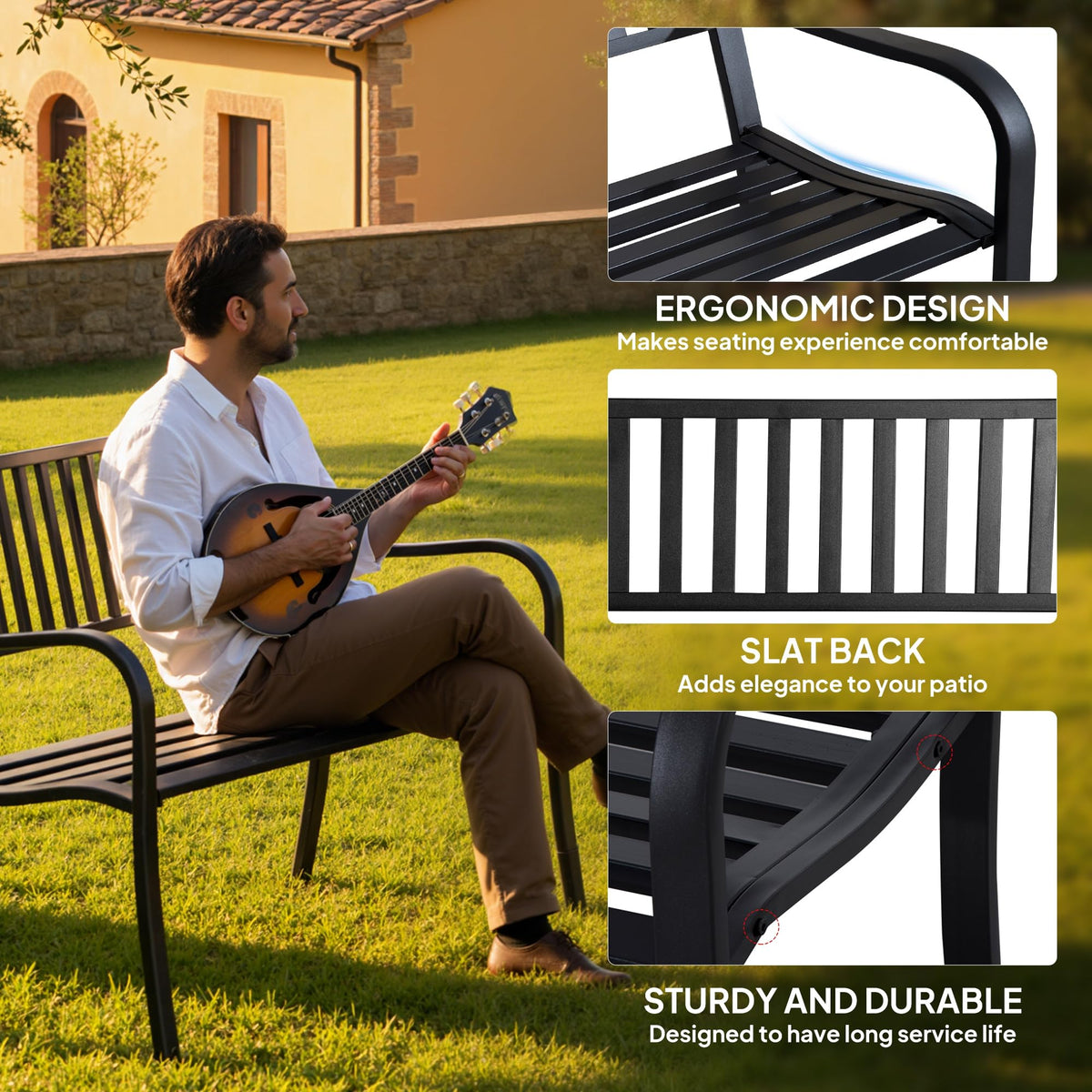 50" Outdoor Garden Bench with Slatted Seat Metal Black Y721630
