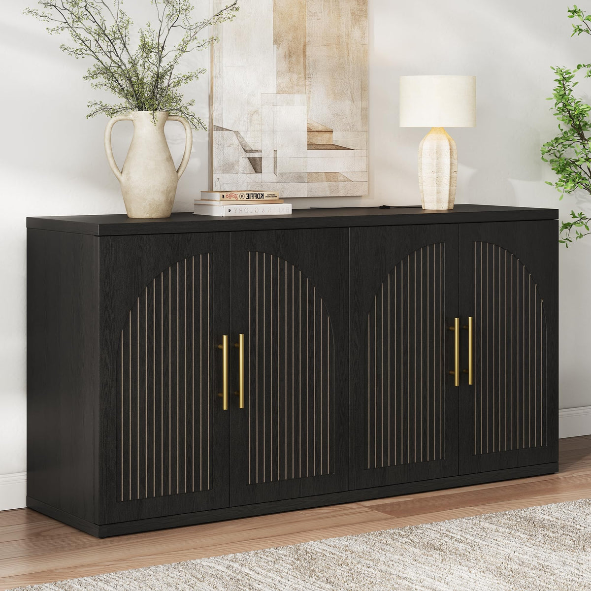 63" Black Wood Buffet Cabinet with Storage V36049