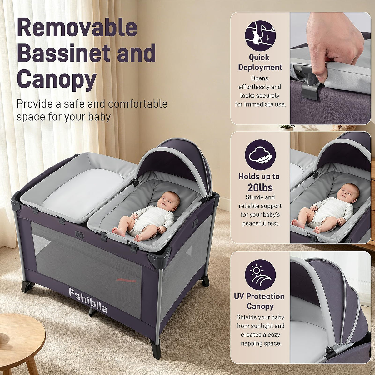 4-in-1 Portable Baby Playard with Bassinet and Changing Table, Black O535