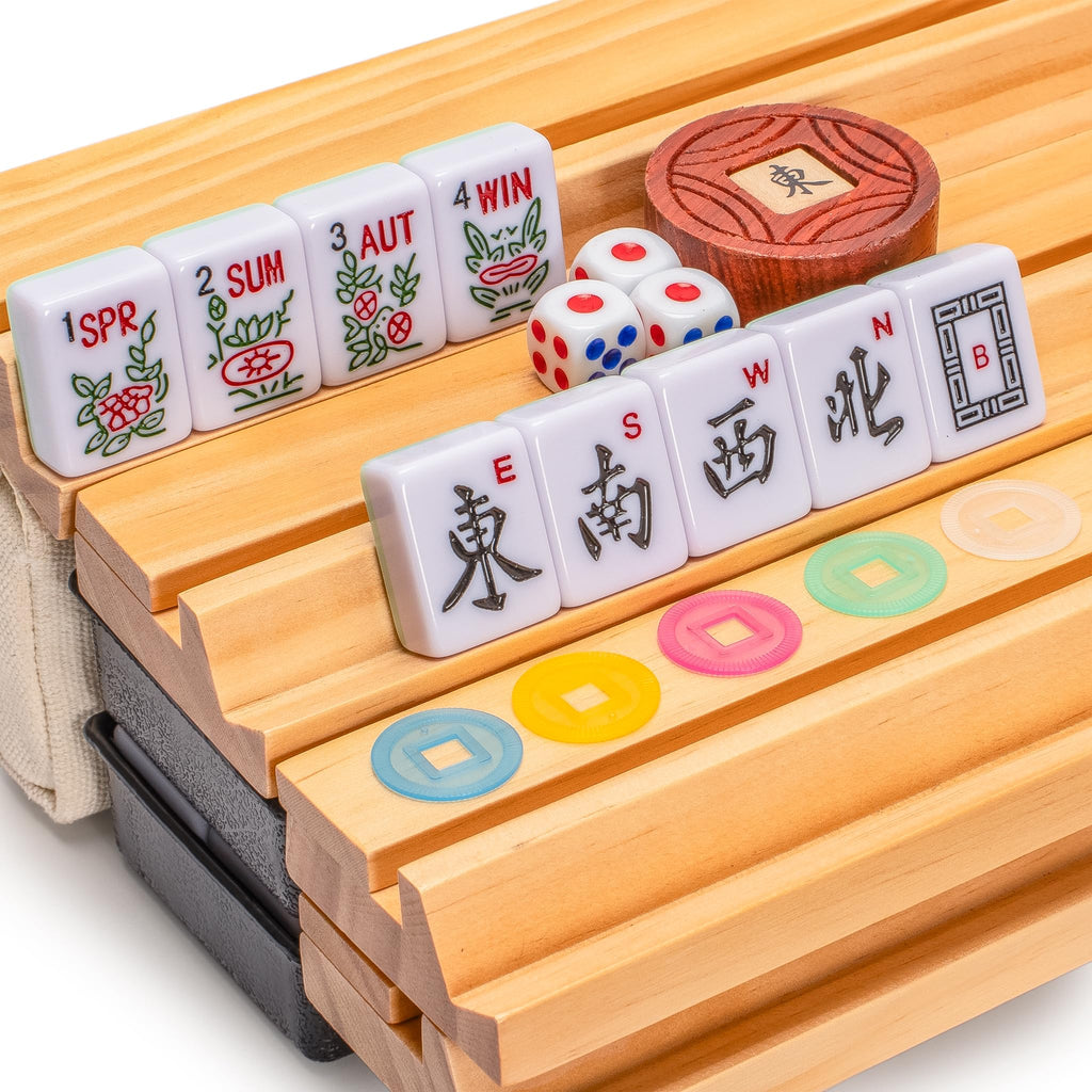 166 Tiles Mahjong Set with Wooden Racks & Pushers, Dice, and Soft Beige Case N97904