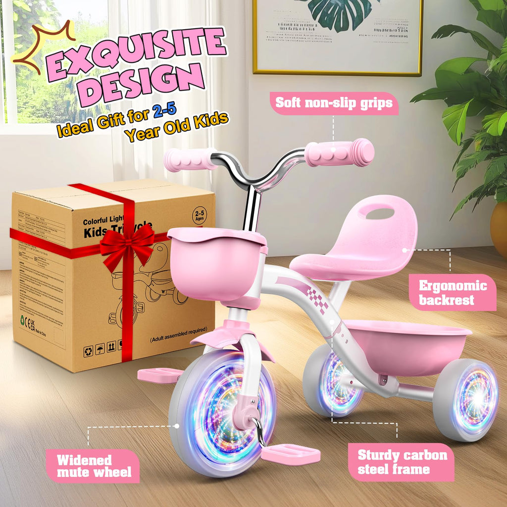 Pink Toddler Tricycle with Adjustable Seat and Light Wheels O5966