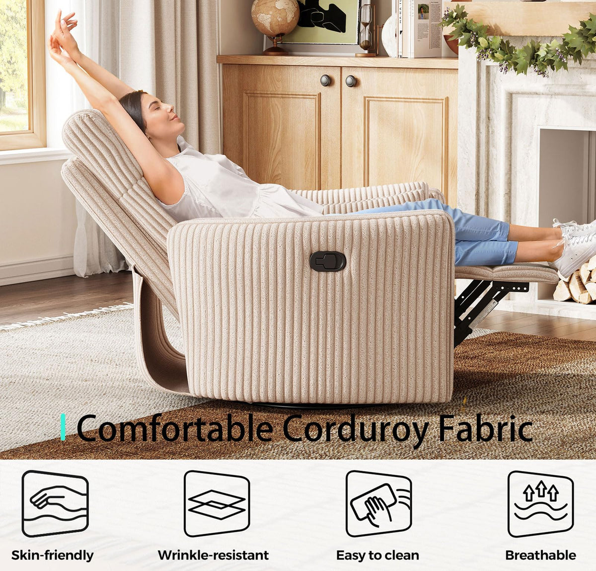 360 Swivel Recliner Chair with 2 Pillows Beige Corduroy N5405