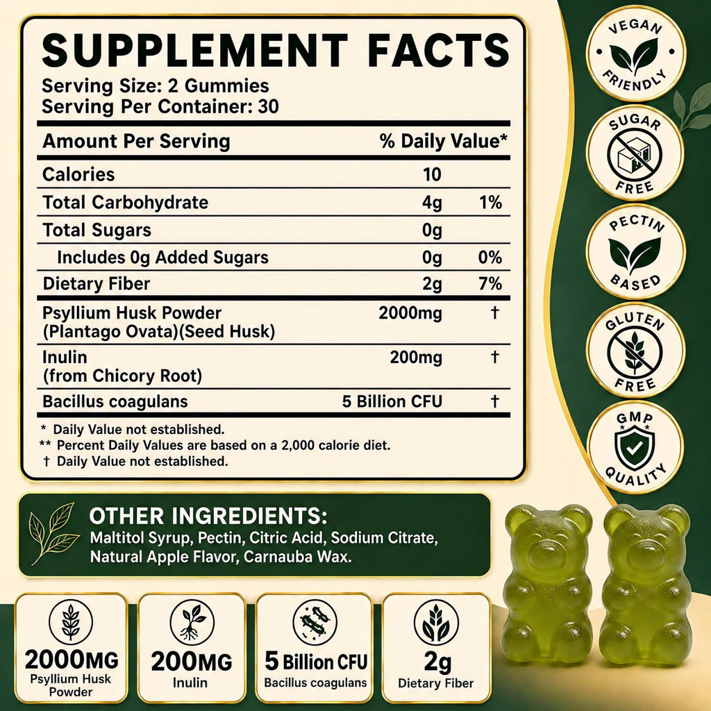 Sugar Free Psyllium Husk Gummies 2000mg 60 Count Q736