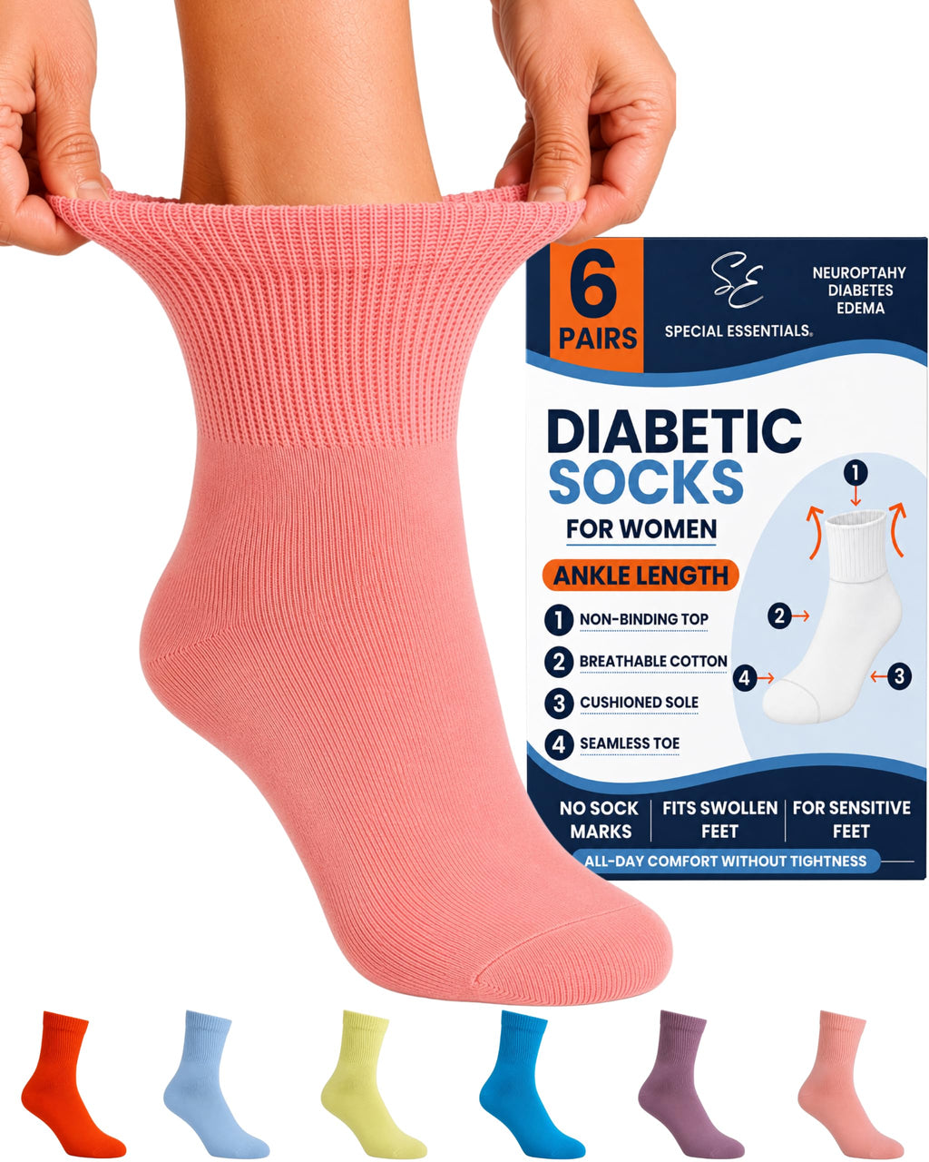 Women's Diabetic Ankle Socks, 6 Pairs, Non-Binding B643